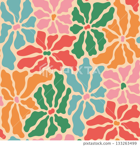Bold abstract groovy wavy flowers. Retro floral hand drawn vector seamless background for wrapping paper, card, textile. Contemporary trendy botanical hippie design. 133263499