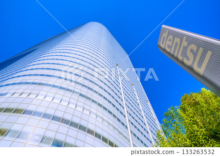 Tokyo cityscape in Japan: Shiodome business district. View of Dentsu headquarters and other buildings. 133263532