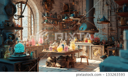 Highly detailed fantasy interior of an alchemist's workshop or laboratory. Filled with colorful glowing potions, glass bottles, crystal ball, and mystical equipment for magic, science, medieval themes Highly detailed fantasy interior of an alchemist's workshop or laboratory. Filled with colorful glowing potions, glass bottles, crystal ball, and mystical equipment for magic, science, medieval themes 133263593