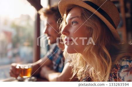 beautiful young woman in a straw hat, gazing outside a cafe window in golden sunlight. A man sits next to her, sharing a romantic or friendly moment while traveling or enjoying leisure. beautiful young woman in a straw hat, gazing outside a cafe window in golden sunlight. A man sits next to her, sharing a romantic or friendly moment while traveling or enjoying leisure. 133263594