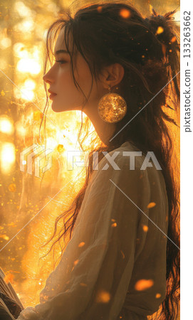 woman in profile, illuminated by an intense, warm golden light that creates a dreamy, ethereal atmosphere, sparkling particles and rich autumnal hues, emphasizing beauty, mystery, serenity 133263662