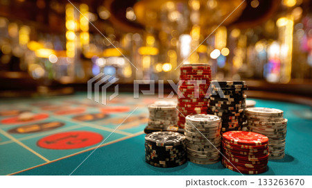 A close-up of brightly stacked poker and roulette chips (red, black, gray) on a turquoise felt table in a luxury casino, with the warm, blurry, golden lights of the gaming floor and chandeliers 133263670