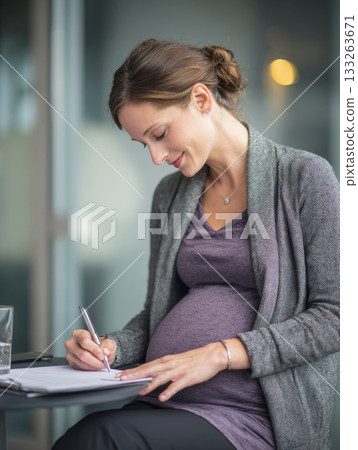 A cheerful, pregnant businesswoman with an elegant smile signs documents at a desk in a modern office setting, representing professional career life, maternity leave planning, working while expecting. 133263671