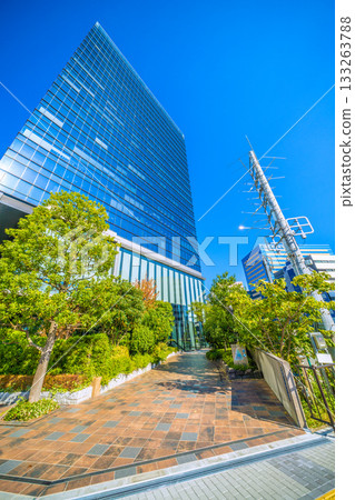 Tokyo cityscape in Japan, overlooking the Sumitomo Real Estate Hamarikyu Building and Bellesalle Shiodome in the business district of Ginza 8-chome 133263788