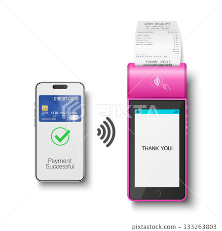 Vector 3d Realistic NFC Payment Terminal with Smartphone Closeup. Approved Payment and Successful Transaction. Contactless Payment Machine Template, Bank Card Transaction POS Terminal 133263803
