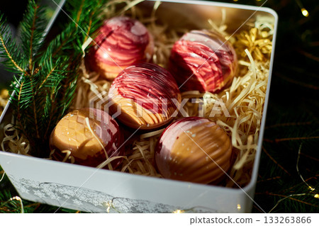 Delightful Assorted Dessert Spheres Displayed in a Gift Box Surrounded by Festive Greenery and Decorative Accents Delightful Assorted Dessert Spheres Displayed in a Gift Box Surrounded by Festive Greenery and Decorative Accents 133263866