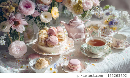 afternoon tea party setting. Features a macaron-topped cake, delicate china, and bouquets of pastel flowers in soft natural light, perfect for romantic, spring, and celebration themes. afternoon tea party setting. Features a macaron-topped cake, delicate china, and bouquets of pastel flowers in soft natural light, perfect for romantic, spring, and celebration themes. 133263892