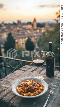 Pasta and Red Wine on a Balcony Overlooking an Historic European City at Dusk, Capturing the Warm Glow of Sunset and City Lights, Perfect for Travel, Italian Cuisine, and Fine Dining Pasta and Red Wine on a Balcony Overlooking an Historic European City at Dusk, Capturing the Warm Glow of Sunset and City Lights, Perfect for Travel, Italian Cuisine, and Fine Dining 133263893