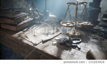 Dramatic still life featuring an old brass balance scale weighing gold coins on a weathered wooden table. Surrounded by dusty books, chains, medieval, fantasy, historical themes of wealth and justice 133263928
