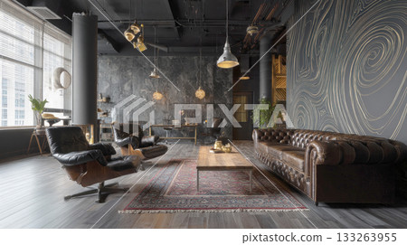 Dark and luxurious industrial loft living room with a vintage leather Chesterfield sofa, black exposed ceilings, textured stone walls, and a large window with city views 133263955