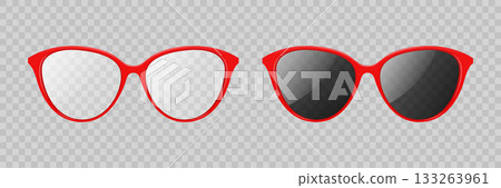 Vector 3d Realistic Red Cat Eye Glasses and Sunglasses Set, Isolated. Brown Retro Eyewear with Transparent and Dark Lenses. Stylish Fashion Accessory, Elegant Optical Frame 133263961