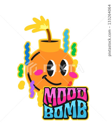 Mood bomb and explosion retro Y2K sticker or label. Dynamite funky label, bomb vintage groovy vector patch. TNT grenade isolated tag, bomb cute character with confetti and funky typography Y2K sticker 133264064