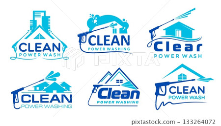 House cleaning and washing service icons. Home and commercial buildings vector silhouettes with water pressure washer gun, detergent spray, foam and bubbles. House facade washing service icons set 133264072