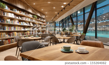 Stylish book cafe with long bookshelves, wooden tables set with coffee cups, and a panoramic view of an adjacent sports facility. Perfect for leisure, literature, and modern interior design concepts 133264082