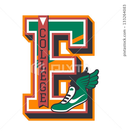 Varsity sport letter E, college champion patch label. Varsity campus team label vector patch, sport league vintage emblem badge. University club retro symbol sticker with winged sneakers running shoes Varsity sport letter E, college champion patch label. Varsity campus team label vector patch, sport league vintage emblem badge. University club retro symbol sticker with winged sneakers running shoes 133264083