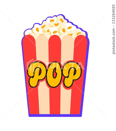 Fast food popcorn vintage Y2K sticker or print. Street food restaurant, cinema snack funky vector tag, takeaway cafe Y2K 90s sticker. Takeout meal patch or label with popcorn bucket and typography Fast food popcorn vintage Y2K sticker or print. Street food restaurant, cinema snack funky vector tag, takeaway cafe Y2K 90s sticker. Takeout meal patch or label with popcorn bucket and typography 133264085