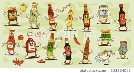 Cartoon retro groovy sauce bottles characters of cute hippie ketchup, mayonnaise and soy food condiments. Vector groovy salsa, guacamole, mustard and wasabi, bbq, ranch and tartar sauces characters 133264091
