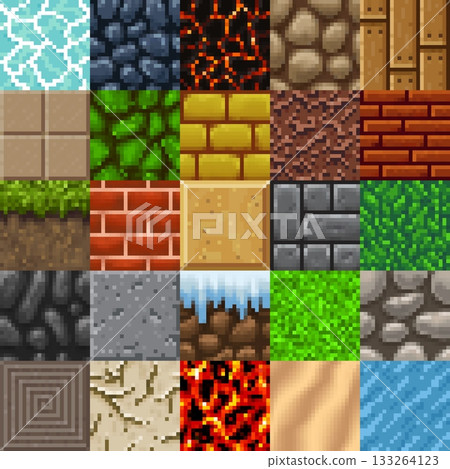 Retro 8 bit pixel art game surface texture pattern blocks with vector grass, stone, bricks, dirt and magma, water and sand, wood, rock and ice tiles. Video and arcade game pixel surface textures set Retro 8 bit pixel art game surface texture pattern blocks with vector grass, stone, bricks, dirt and magma, water and sand, wood, rock and ice tiles. Video and arcade game pixel surface textures set 133264123