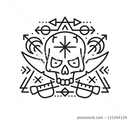 Pirate Jolly Roger skull esoteric line symbol. Filibuster marine esoteric linear vector sign, corsair pirate sailing symbol. Buccaneer nautical, tarot magic tattoo with human skull and crosses swords Pirate Jolly Roger skull esoteric line symbol. Filibuster marine esoteric linear vector sign, corsair pirate sailing symbol. Buccaneer nautical, tarot magic tattoo with human skull and crosses swords 133264129