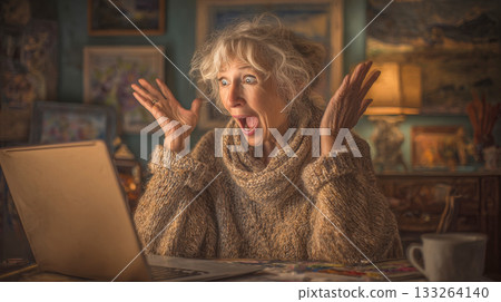 An excited senior woman reacts with shock and joy to content on her laptop in a warmly lit, cluttered room. Excellent for concepts of online news, surprise, winning, or tech reaction 133264140