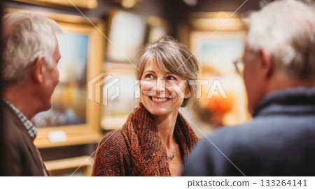 Close-up of a happy mature woman with a natural smile, talking with friends in an art gallery or exhibition. Represents socializing, culture, retirement, and adult education concepts 133264141