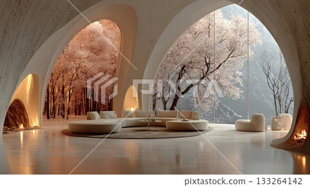 Luxurious, minimalist living space with curving walls, a fireplace, and large windows overlooking a snowy cherry blossom landscape. Concept for exclusive real estate, architecture, and serene luxury 133264142