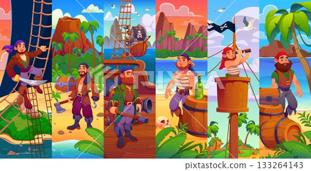 Cartoon pirate crew characters collage. Vector bearded pirate crew characters climb ropes, guard treasure chest, search the horizon and relaxed with rum bottles at corsair ship and treasure island Cartoon pirate crew characters collage. Vector bearded pirate crew characters climb ropes, guard treasure chest, search the horizon and relaxed with rum bottles at corsair ship and treasure island 133264143