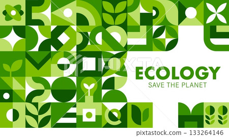 Modern ecology background with abstract green pattern of vector leaves, sprouts and organic nature shapes. Sustainability, ecology and environment protection, save the planet modern geometric poster 133264146