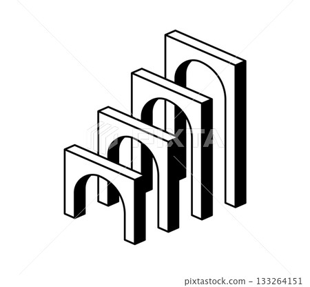 Psychedelic trippy surreal Y2K arch corridor. Trippy Y2K arch, psychedelic funky vector element. Retro surreal portal or geometric graphic shape with different size arches standing in line 133264151