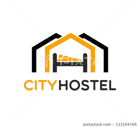 Hostel motel business graphic icon or badge. Resort hotel graphic emblem, travel hostel vector sign. Rental accommodation business icon or motel company symbol with typography and person in bed Hostel motel business graphic icon or badge. Resort hotel graphic emblem, travel hostel vector sign. Rental accommodation business icon or motel company symbol with typography and person in bed 133264166