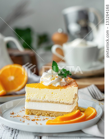A decadent slice of orange cheesecake featuring a graham cracker crust, creamy filling, and a bright citrus glaze, garnished with whipped cream and mint for a delicious dessert 133264168
