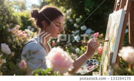 Profile view of a young woman painting on an easel in a lush, sunny rose garden, capturing the serene process of art creation amidst blooming flowers and dappled light 133264170