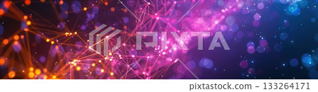 Dynamic, abstract digital background of glowing network connections and plexus points with an intense bokeh effect in vibrant purple, pink, and orange; ideal for technology, ai, and data 133264171