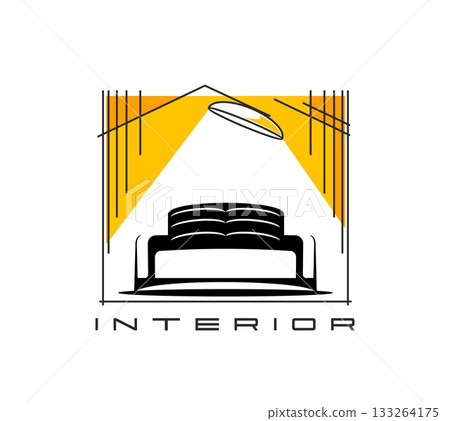 Home interior design icon or symbol. Office or hotel interior service vector symbol, apartment furniture design company emblem. House living room decor brand sign with sofa or bed, lamp and curtains 133264175