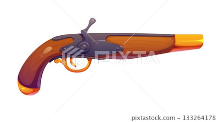 Corsair pirate flintlock pistol cartoon weapon. Corsair skipper 18th century isolated vector pistol, pirate medieval gun. Filibuster sailor isolated gunpowder weapon or with golden handle and barrel Corsair pirate flintlock pistol cartoon weapon. Corsair skipper 18th century isolated vector pistol, pirate medieval gun. Filibuster sailor isolated gunpowder weapon or with golden handle and barrel 133264178