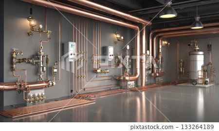 an industrial boiler room or technical facility featuring extensive, polished copper piping systems, gauges, valves, and control panels on a gray wall 133264189