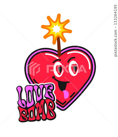 Love bomb and TNT vintage Y2K sticker or label. TNT grenade groovy tag, funny bomb isolated vintage hippie Y2K vector patch. Explosive, heart bomb funny character with burning wick label or sticker 133264195