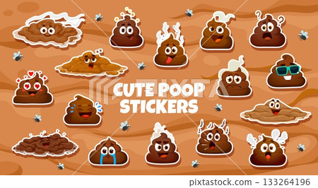 Cartoon poop emoji stickers pack, vector kawaii meme poop characters with eyes and happy, crying and confused, in love and shocked emotions. Funny poo and shit emojis with flies on mud background 133264196