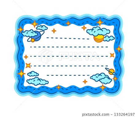 Space planet and sky kids memo note frame. Blue sky to do list memo note, cosmos child scrapbook vector sticker. Universe kid schedule label or frame with blue clouds, space planets and stars 133264197