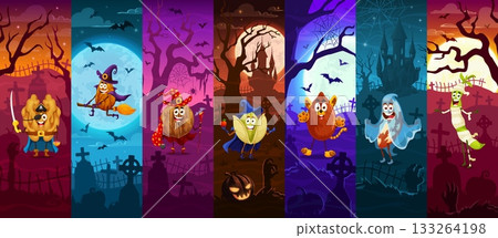 Creepy wizard and mage nut Halloween characters vector collage. Cartoon pirate walnut, flying witch almond, wizard nut, pistachio sorcerer, cat hazelnut, ghost peanut and mummy pea in spooky cemetery 133264198