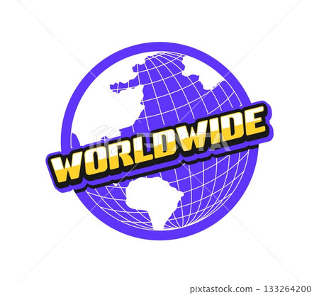 Worldwide globe Y2K funky sticker or label. Terrestrial sphere wireframe Y2K label, world sphere grid groovy vector sticker. Earth globe mesh 60s tag or patch with purple globe and golden typography Worldwide globe Y2K funky sticker or label. Terrestrial sphere wireframe Y2K label, world sphere grid groovy vector sticker. Earth globe mesh 60s tag or patch with purple globe and golden typography 133264200