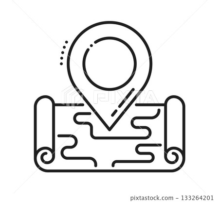Trip direction, location point line icon or pictogram. Navigation location pin or point vector pictogram, direction linear icon. Travel destination marker outline symbol or sign with paper map scroll 133264201