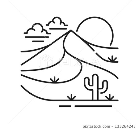Desert dune landscape line icon or emblem. Desert wild nature landscape lineart vector symbol, travel scene thin line sign. Environment icon or pictogram with desert sand dune, cactus and sunset Desert dune landscape line icon or emblem. Desert wild nature landscape lineart vector symbol, travel scene thin line sign. Environment icon or pictogram with desert sand dune, cactus and sunset 133264245