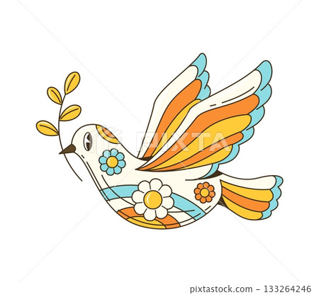 Cartoon vintage 80s groovy dove with olive branch sticker or tag. Cartoon 70s groovy sticker, isolated hippie vector patch. Vintage tag or label with peace symbol flying bird Cartoon vintage 80s groovy dove with olive branch sticker or tag. Cartoon 70s groovy sticker, isolated hippie vector patch. Vintage tag or label with peace symbol flying bird 133264246