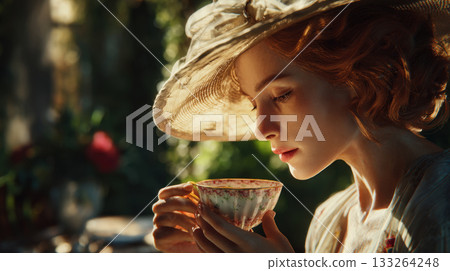Close-up portrait of a woman with red hair and a straw hat delicately holding a vintage floral teacup in a garden setting, illuminated by soft, golden sunlight and shadow Close-up portrait of a woman with red hair and a straw hat delicately holding a vintage floral teacup in a garden setting, illuminated by soft, golden sunlight and shadow 133264248
