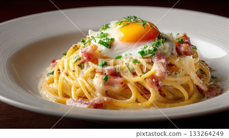 Authentic Creamy Carbonara Pasta: Close-up of Spaghetti, Guanciale, and Pecorino Cheese, Topped with a Fried Egg and Fresh Parsley, Served in a White Dish Against a Dark Background Authentic Creamy Carbonara Pasta: Close-up of Spaghetti, Guanciale, and Pecorino Cheese, Topped with a Fried Egg and Fresh Parsley, Served in a White Dish Against a Dark Background 133264249