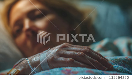 Close-up of a patient's hand with an IV drip and medical tape, resting on a blanket in a hospital bed, with the blurred face of a senior woman in the background, conveying illness and care Close-up of a patient's hand with an IV drip and medical tape, resting on a blanket in a hospital bed, with the blurred face of a senior woman in the background, conveying illness and care 133264250