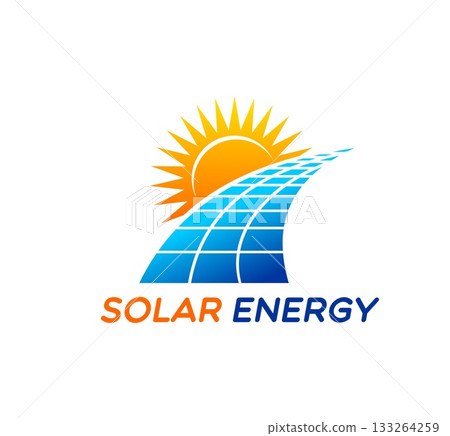 Solar clean energy system icon or emblem. Clean power company emblem, renewable electric service vector symbol. Eco electricity technology label or icon with sun and path of solar panel cells 133264259