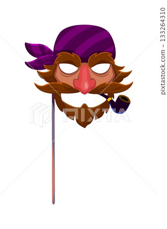 Caribbean pirate bearded face in bandana photo booth mask. Corsair sailor kids photo booth vector prop, Caribbean pirate captain sticker. Filibuster face mask with smoking pipe, mustaches and bandana 133264310