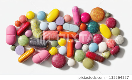 Pharmaceutical Spectrum. Colorful, Textured Pills, Tablets, Capsules of Various Shapes, Sizes Scattered Against a Clean White Background. Ideal for Healthcare, Addiction, Pharmacy, Wellness Concepts. Pharmaceutical Spectrum. Colorful, Textured Pills, Tablets, Capsules of Various Shapes, Sizes Scattered Against a Clean White Background. Ideal for Healthcare, Addiction, Pharmacy, Wellness Concepts. 133264327